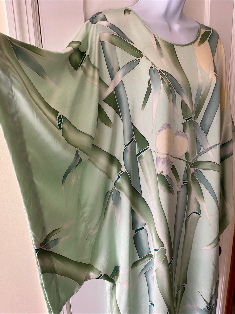 Silk Kimono Style Dress Caftan Tunic Top Cover Bamboo Print Womens XL Green Boho